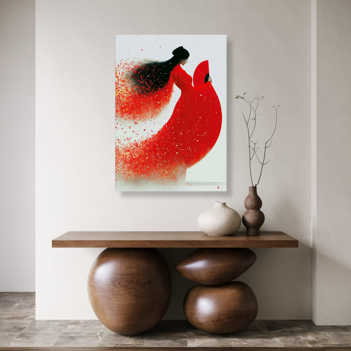 Graceful Asian Woman Red Dress Canvas, Elegant Fan Art, Contemporary Female Portrait, Floral Petal Effect Wall Art, Modern Home Print Art