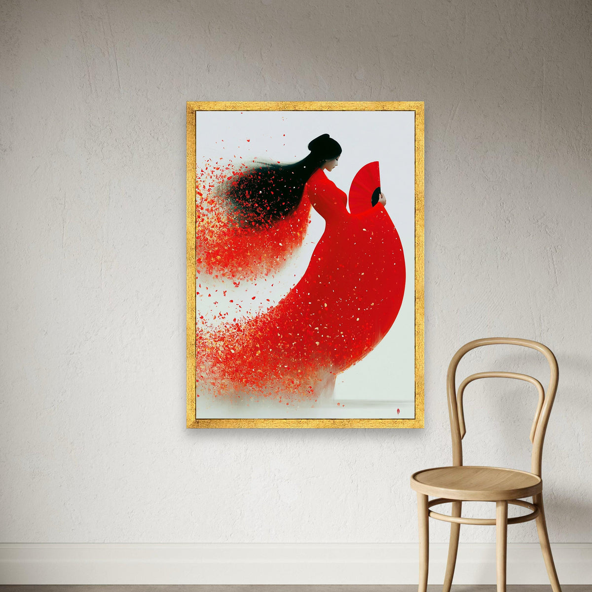 Graceful Asian Woman Red Dress Canvas, Elegant Fan Art, Contemporary Female Portrait, Floral Petal Effect Wall Art, Modern Home Print Art