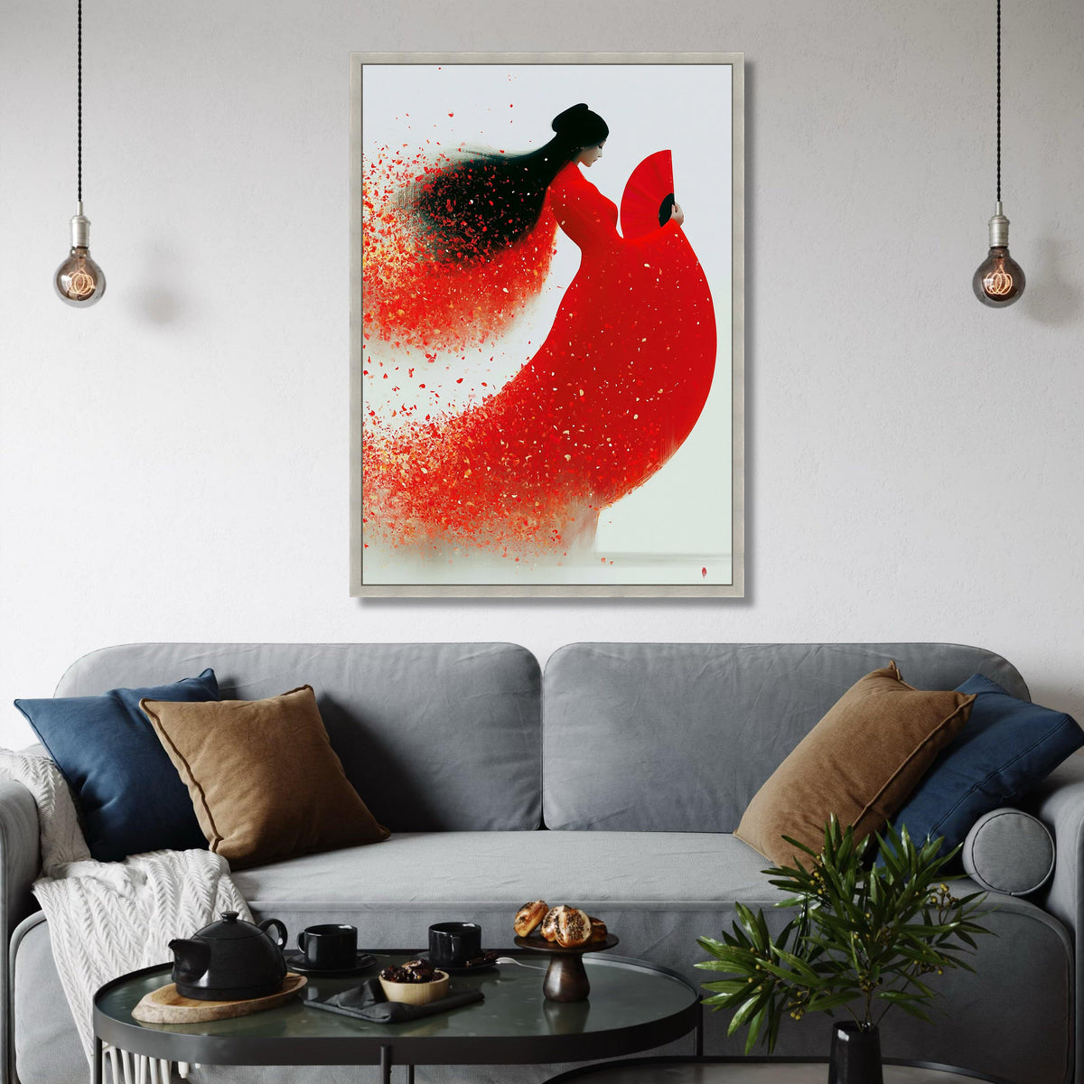 Graceful Asian Woman Red Dress Canvas, Elegant Fan Art, Contemporary Female Portrait, Floral Petal Effect Wall Art, Modern Home Print Art