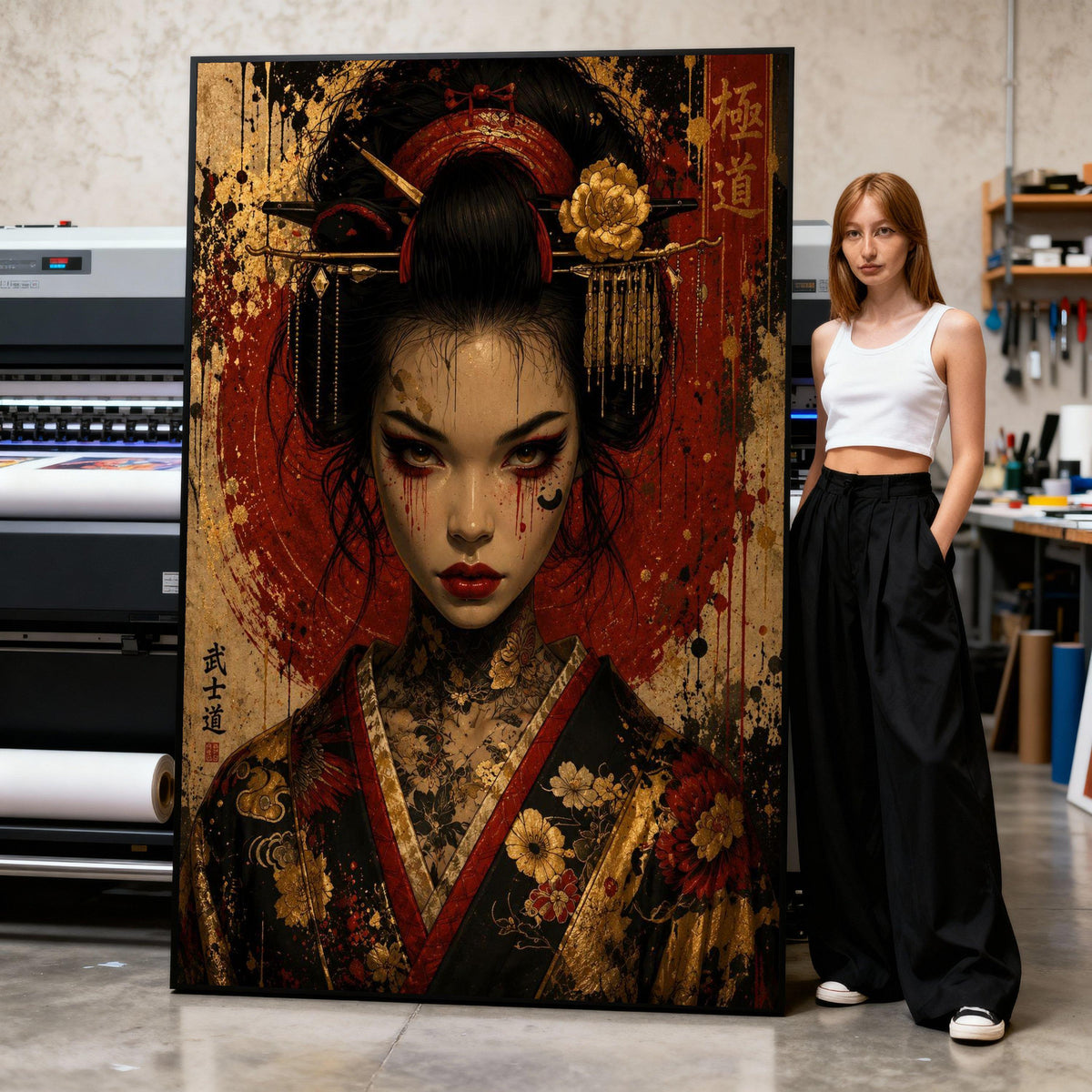 Dark Geisha Portrait Canvas, Japanese Warrior Woman Wall Art, Floral Kimono Design, Asian Canvas Decoration, Gothic Home Art Print Art