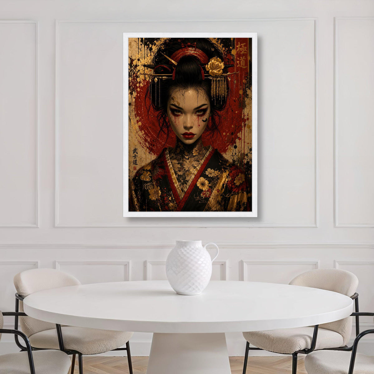 Dark Geisha Portrait Canvas, Japanese Warrior Woman Wall Art, Floral Kimono Design, Asian Canvas Decoration, Gothic Home Art Print Art