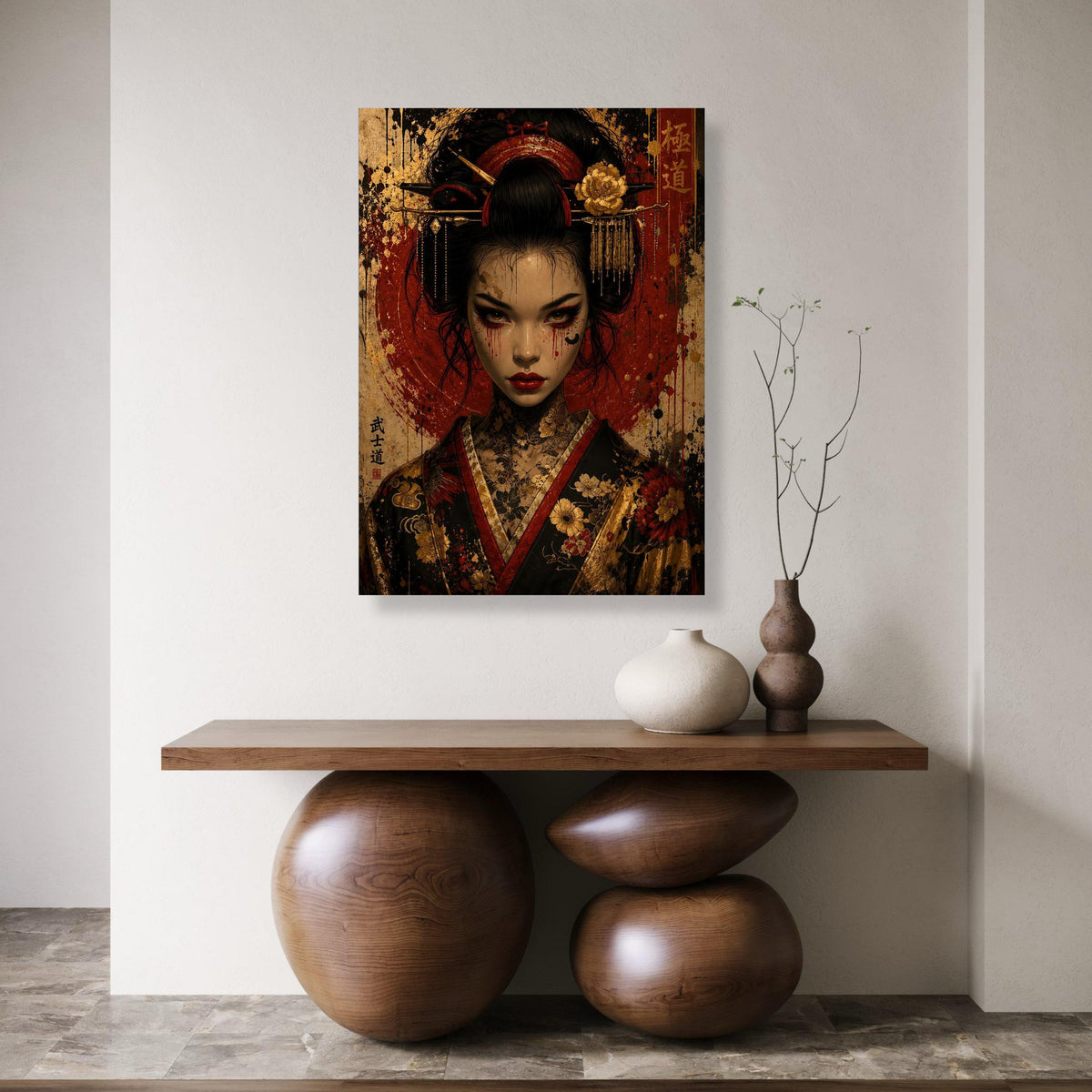 Dark Geisha Portrait Canvas, Japanese Warrior Woman Wall Art, Floral Kimono Design, Asian Canvas Decoration, Gothic Home Art Print Art