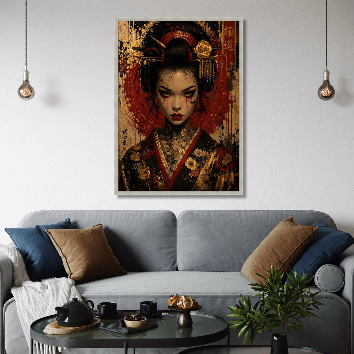 Dark Geisha Portrait Canvas, Japanese Warrior Woman Wall Art, Floral Kimono Design, Asian Canvas Decoration, Gothic Home Art Print Art