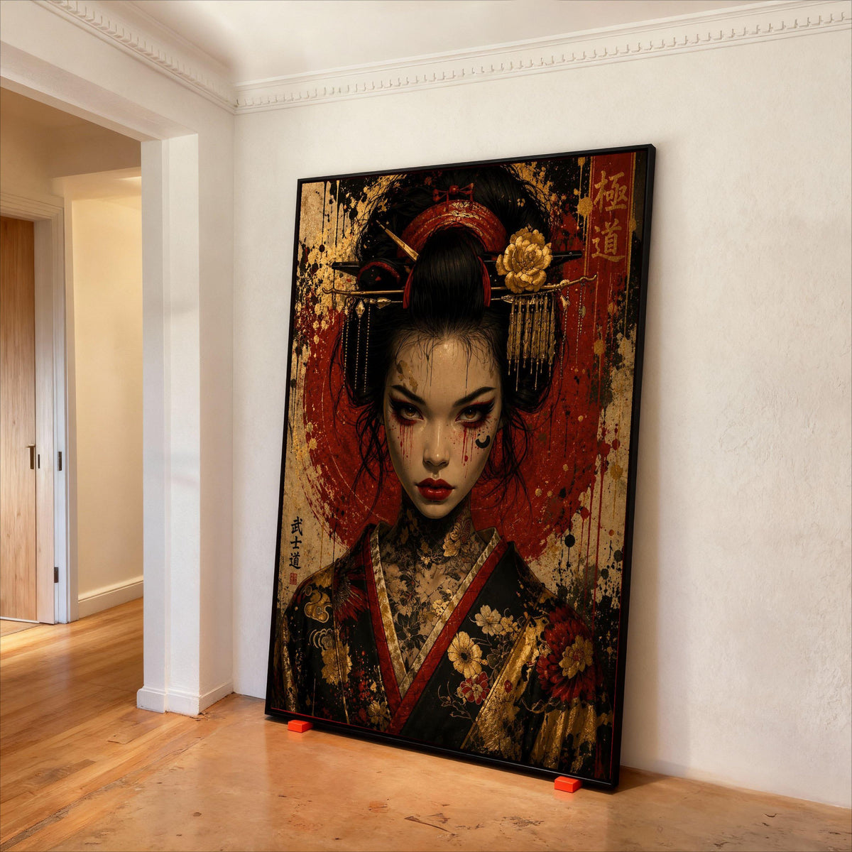 Dark Geisha Portrait Canvas, Japanese Warrior Woman Wall Art, Floral Kimono Design, Asian Canvas Decoration, Gothic Home Art Print Art