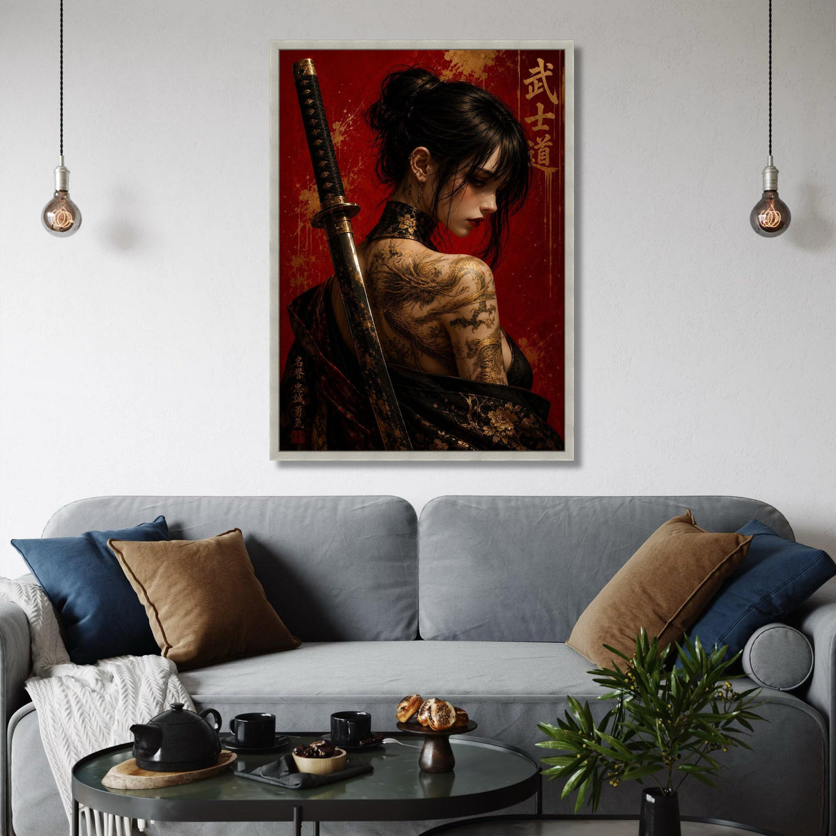 Warrior Woman with Dragon Tattoo Canvas, Samurai Sword Art, Japanese Wall Decor, Oriental Female Portrait Canvas, Bold Red Print Art
