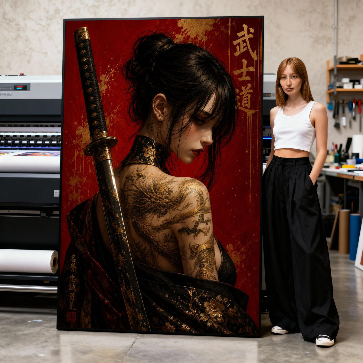 Warrior Woman with Dragon Tattoo Canvas, Samurai Sword Art, Japanese Wall Decor, Oriental Female Portrait Canvas, Bold Red Print Art