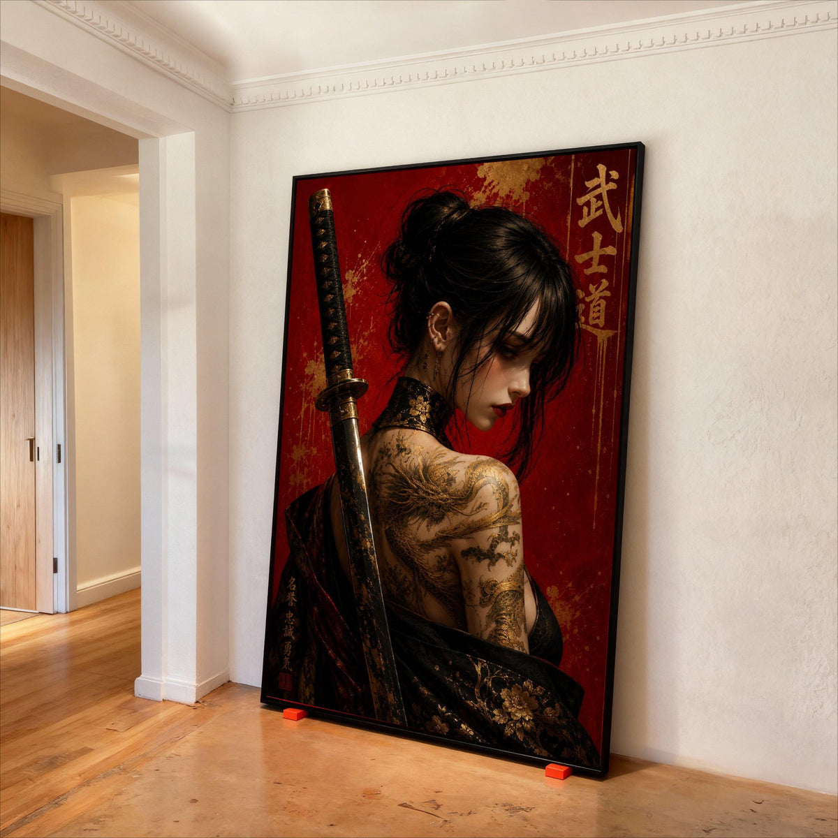Warrior Woman with Dragon Tattoo Canvas, Samurai Sword Art, Japanese Wall Decor, Oriental Female Portrait Canvas, Bold Red Print Art
