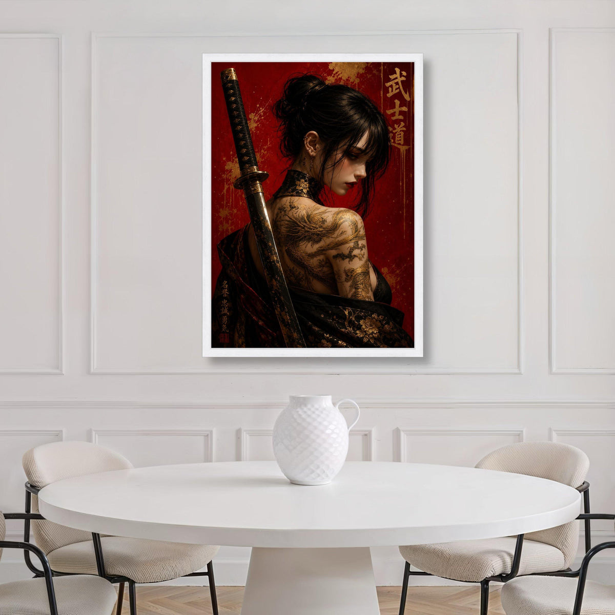Warrior Woman with Dragon Tattoo Canvas, Samurai Sword Art, Japanese Wall Decor, Oriental Female Portrait Canvas, Bold Red Print Art