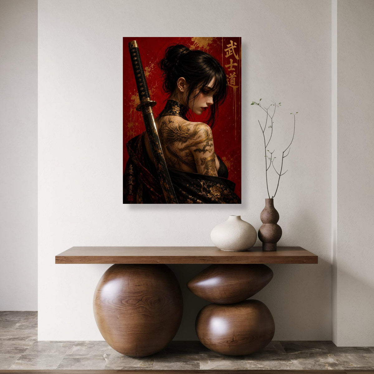 Warrior Woman with Dragon Tattoo Canvas, Samurai Sword Art, Japanese Wall Decor, Oriental Female Portrait Canvas, Bold Red Print Art