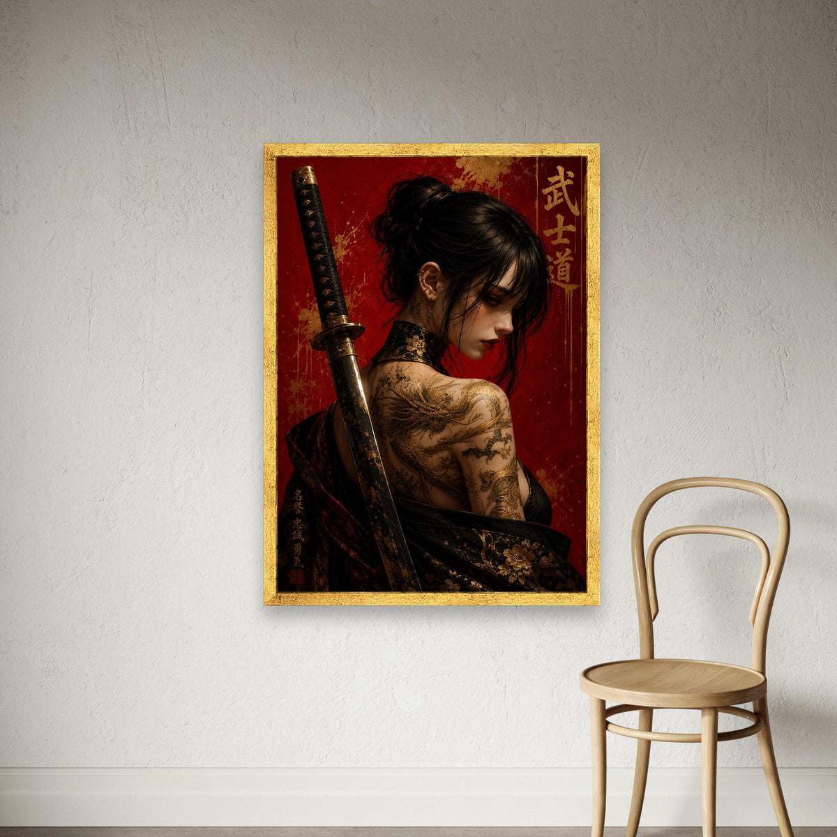 Warrior Woman with Dragon Tattoo Canvas, Samurai Sword Art, Japanese Wall Decor, Oriental Female Portrait Canvas, Bold Red Print Art