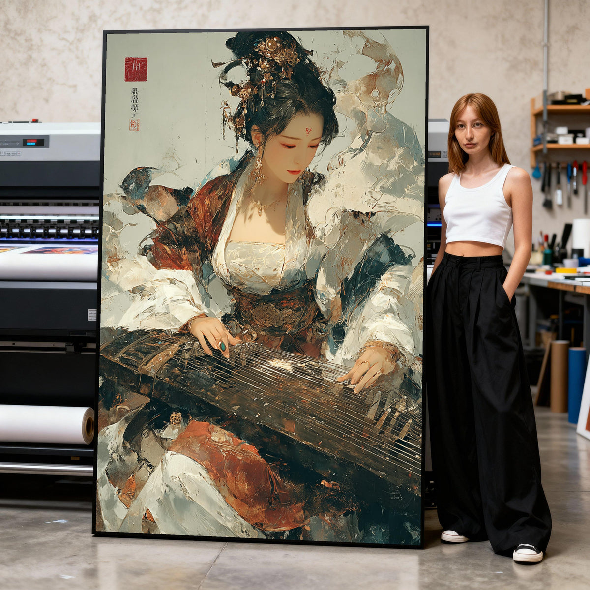 Elegant Chinese Woman Playing Guzheng Canvas, Traditional Music Instrument Wall Art, Asian Cultural Decor, Vintage Ethnic Canvas Print Art