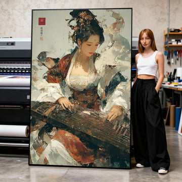 Elegant Chinese Woman Playing Guzheng Canvas, Traditional Music Instrument Wall Art, Asian Cultural Decor, Vintage Ethnic Canvas Print Art