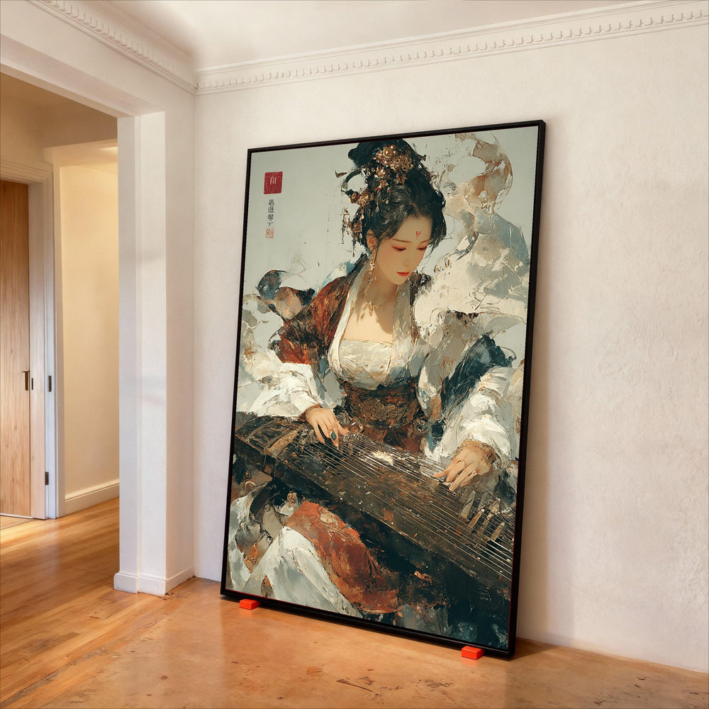 Elegant Chinese Woman Playing Guzheng Canvas, Traditional Music Instrument Wall Art, Asian Cultural Decor, Vintage Ethnic Canvas Print Art