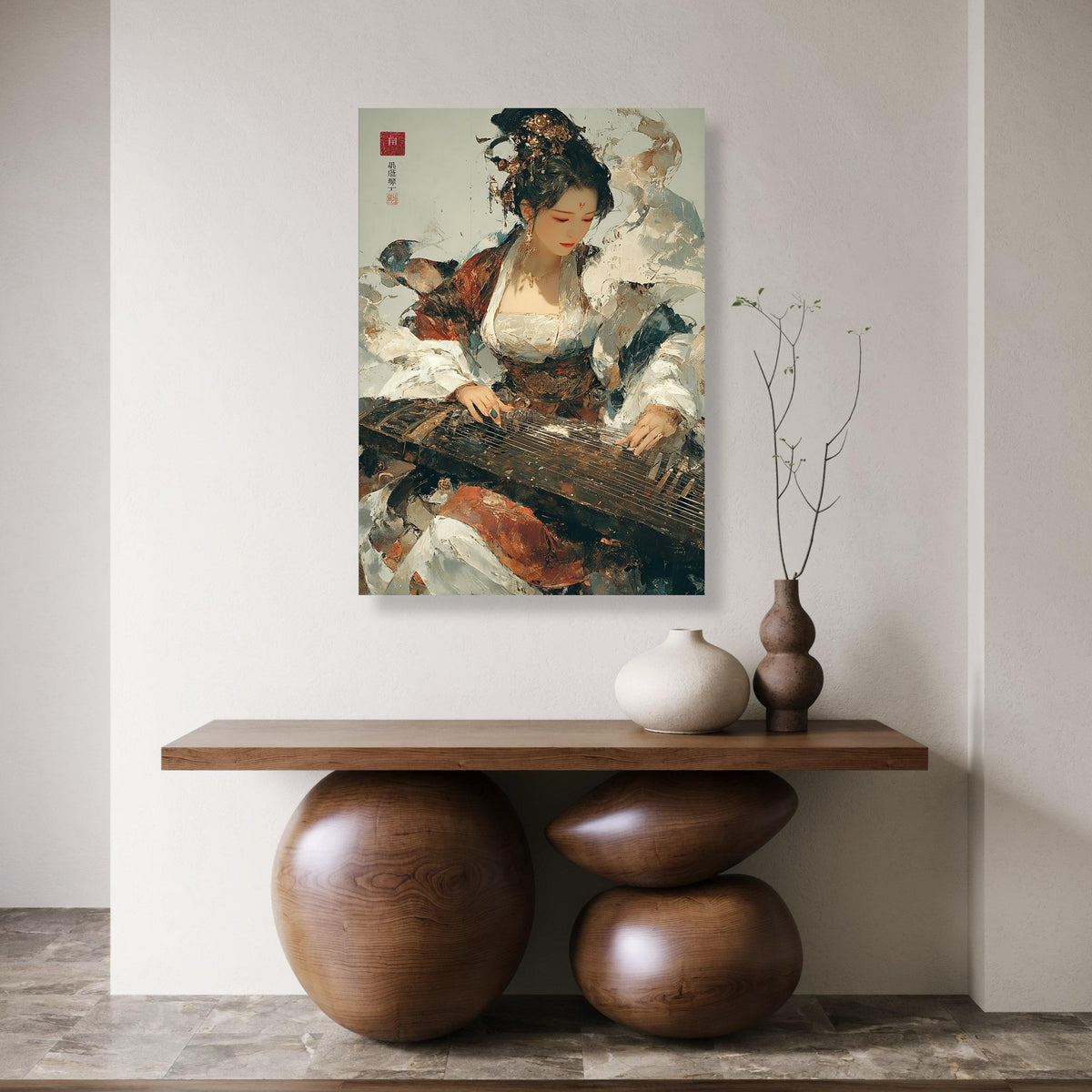 Elegant Chinese Woman Playing Guzheng Canvas, Traditional Music Instrument Wall Art, Asian Cultural Decor, Vintage Ethnic Canvas Print Art
