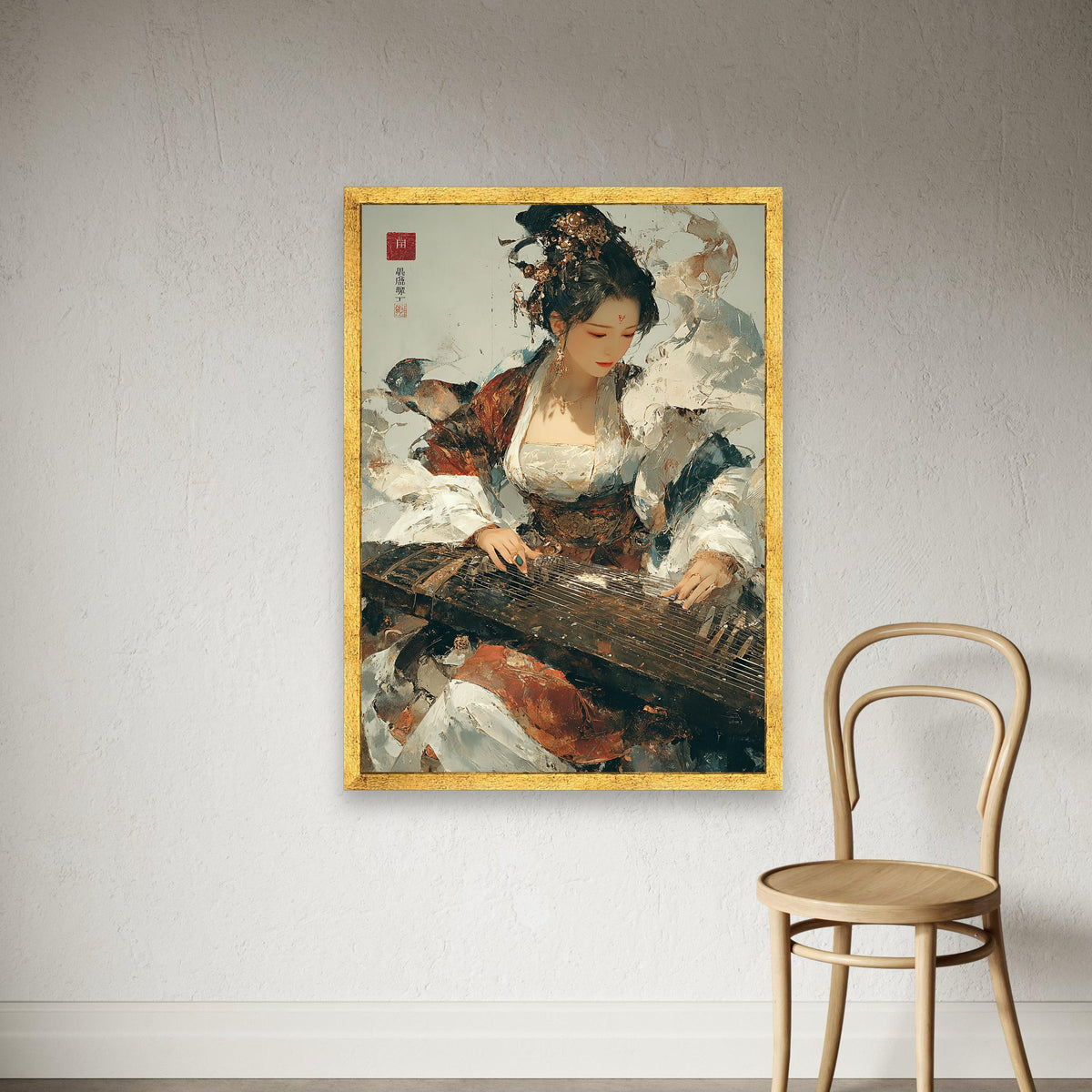 Elegant Chinese Woman Playing Guzheng Canvas, Traditional Music Instrument Wall Art, Asian Cultural Decor, Vintage Ethnic Canvas Print Art
