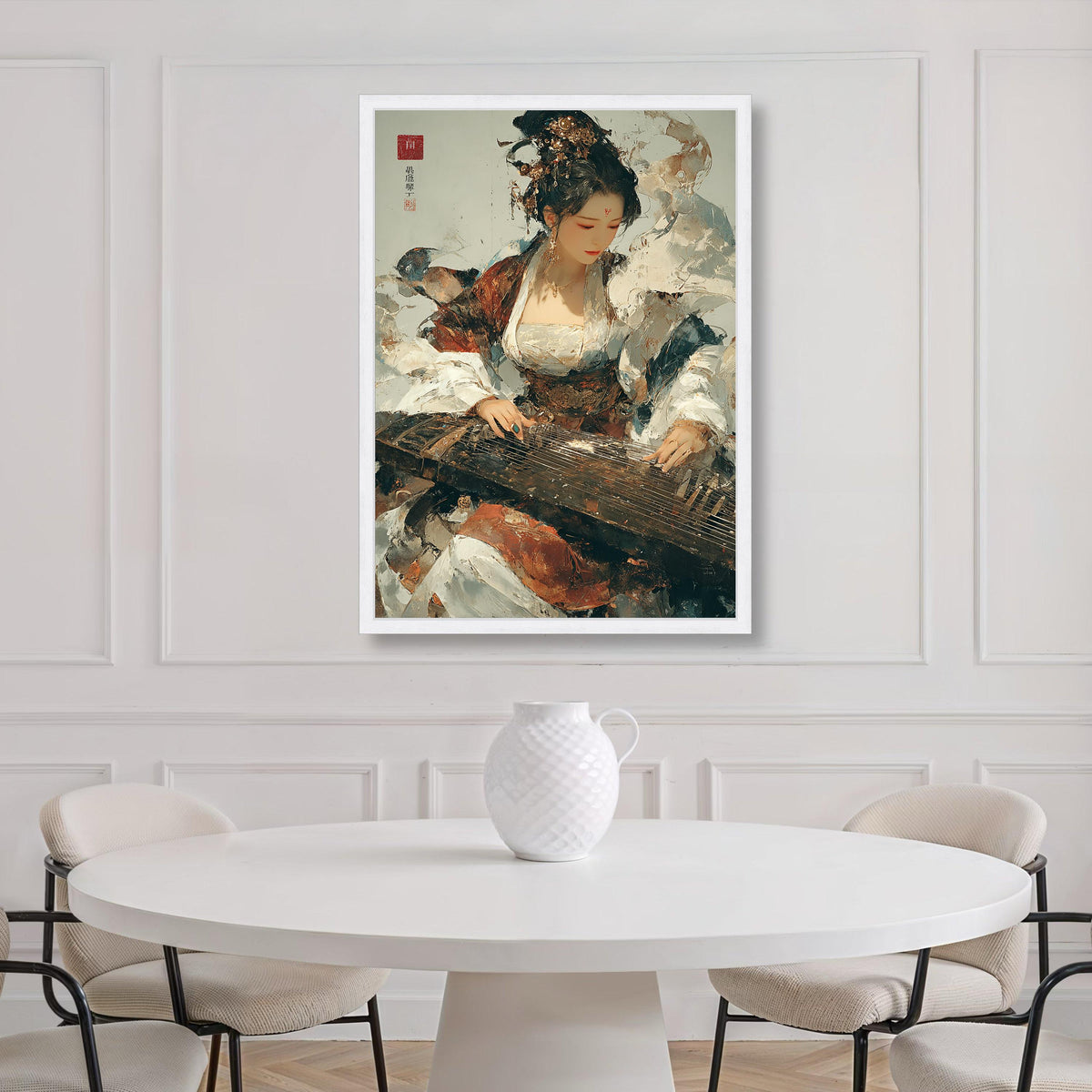 Elegant Chinese Woman Playing Guzheng Canvas, Traditional Music Instrument Wall Art, Asian Cultural Decor, Vintage Ethnic Canvas Print Art