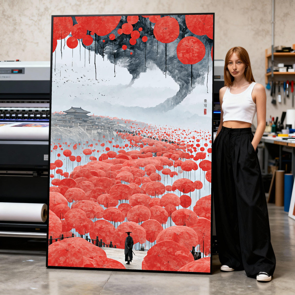Ancient Asian Landscape Canvas, Red Umbrella Pathway Wall Art, Oriental Travel Scene, Traditional Architecture Canvas, Serene Print Art
