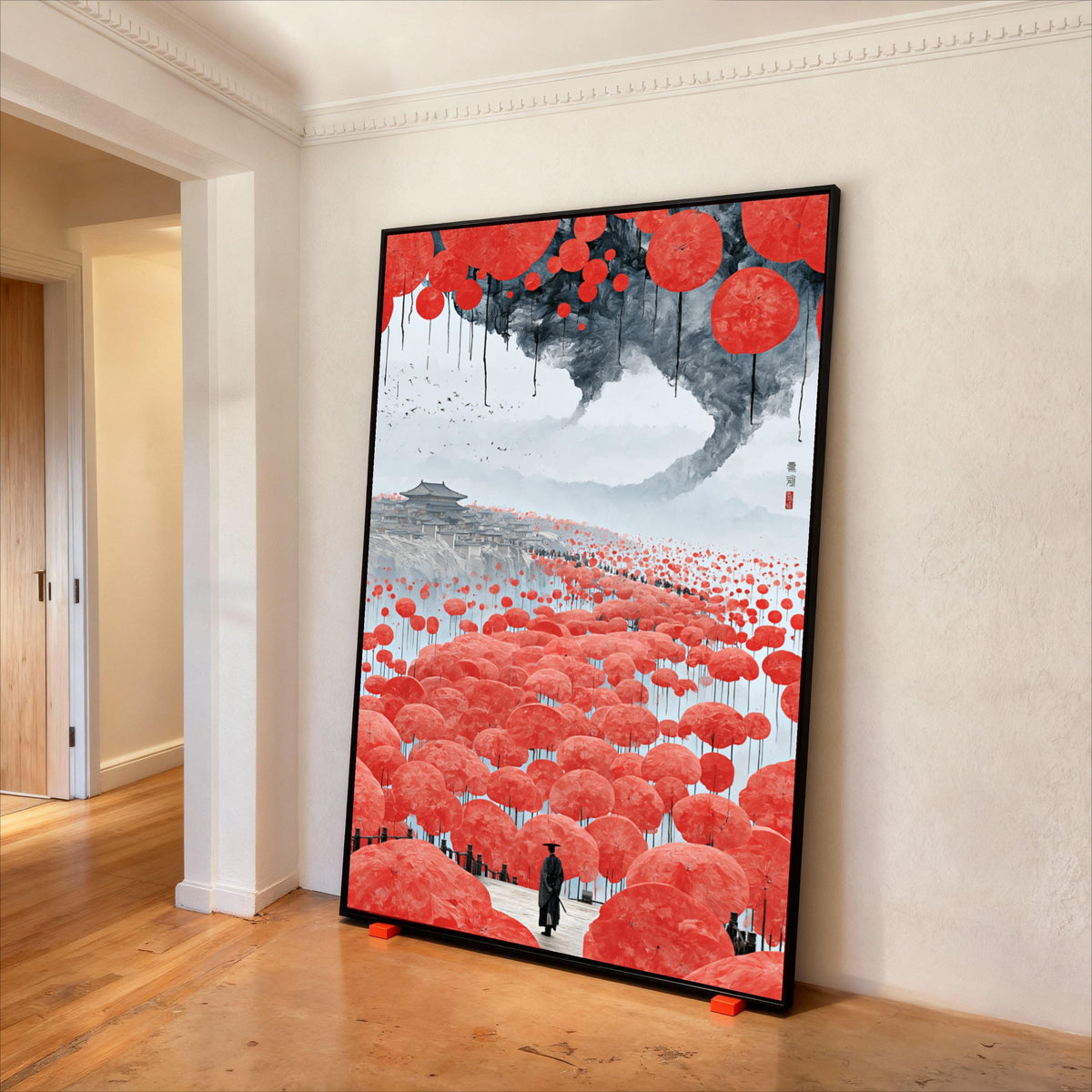 Ancient Asian Landscape Canvas, Red Umbrella Pathway Wall Art, Oriental Travel Scene, Traditional Architecture Canvas, Serene Print Art