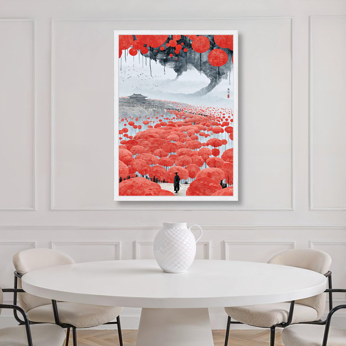 Ancient Asian Landscape Canvas, Red Umbrella Pathway Wall Art, Oriental Travel Scene, Traditional Architecture Canvas, Serene Print Art
