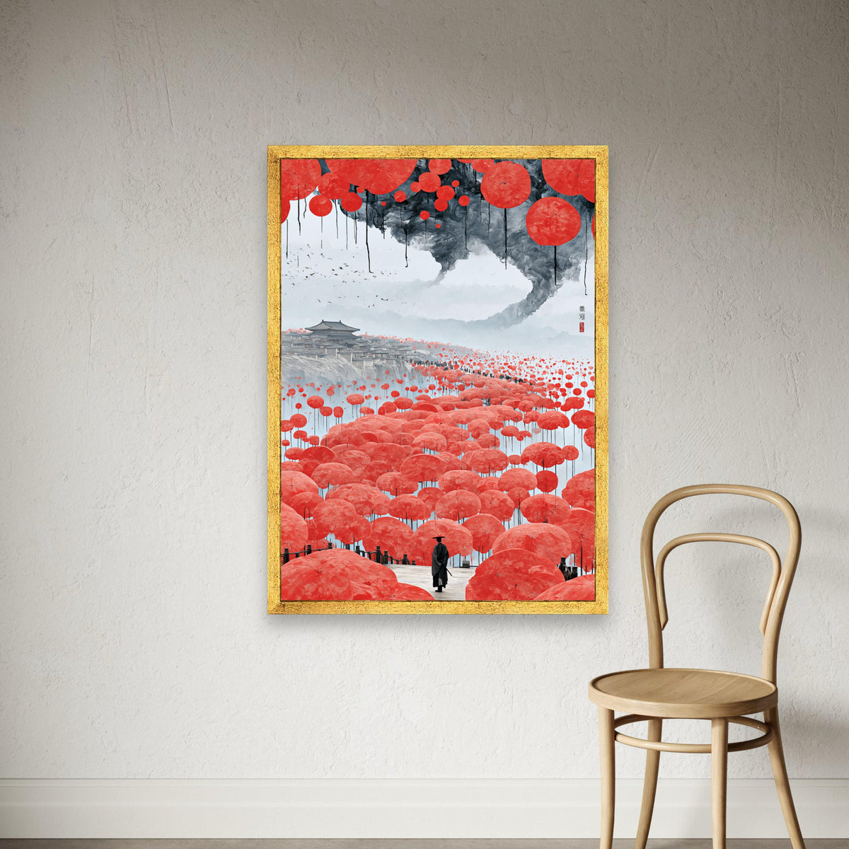 Ancient Asian Landscape Canvas, Red Umbrella Pathway Wall Art, Oriental Travel Scene, Traditional Architecture Canvas, Serene Print Art
