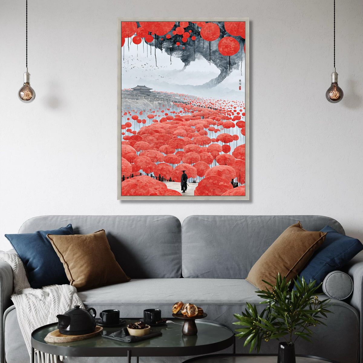 Ancient Asian Landscape Canvas, Red Umbrella Pathway Wall Art, Oriental Travel Scene, Traditional Architecture Canvas, Serene Print Art