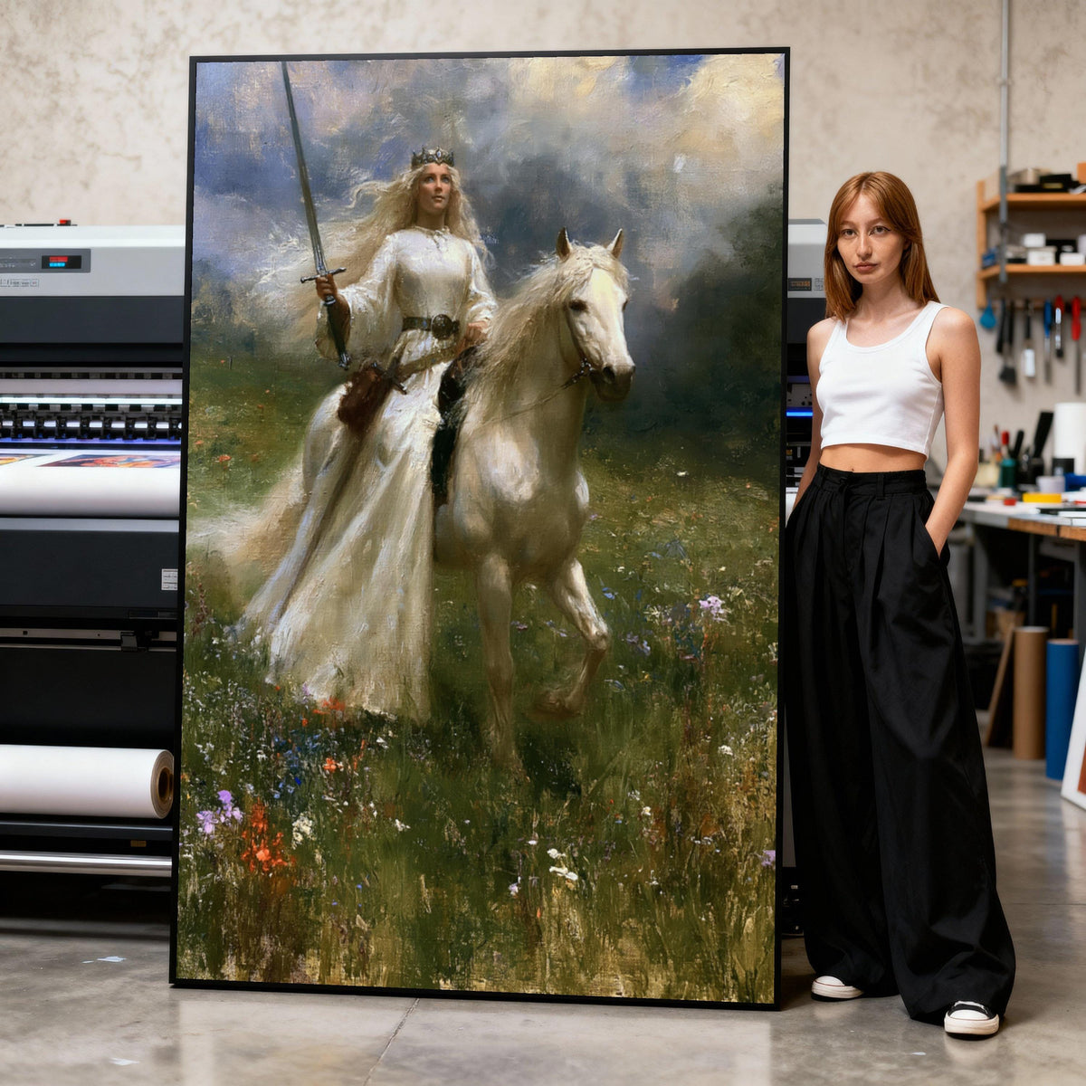 Majestic Warrior Queen Canvas, Woman on White Horse, Fantasy Landscape Wall Art, Medieval Sword Art, Royalty Home Decoration Print Art