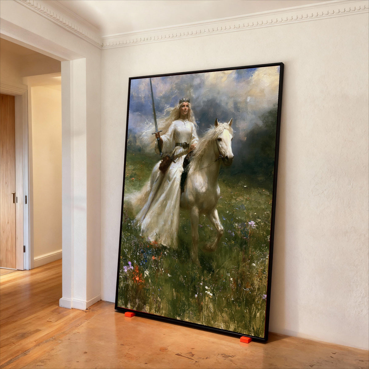 Majestic Warrior Queen Canvas, Woman on White Horse, Fantasy Landscape Wall Art, Medieval Sword Art, Royalty Home Decoration Print Art