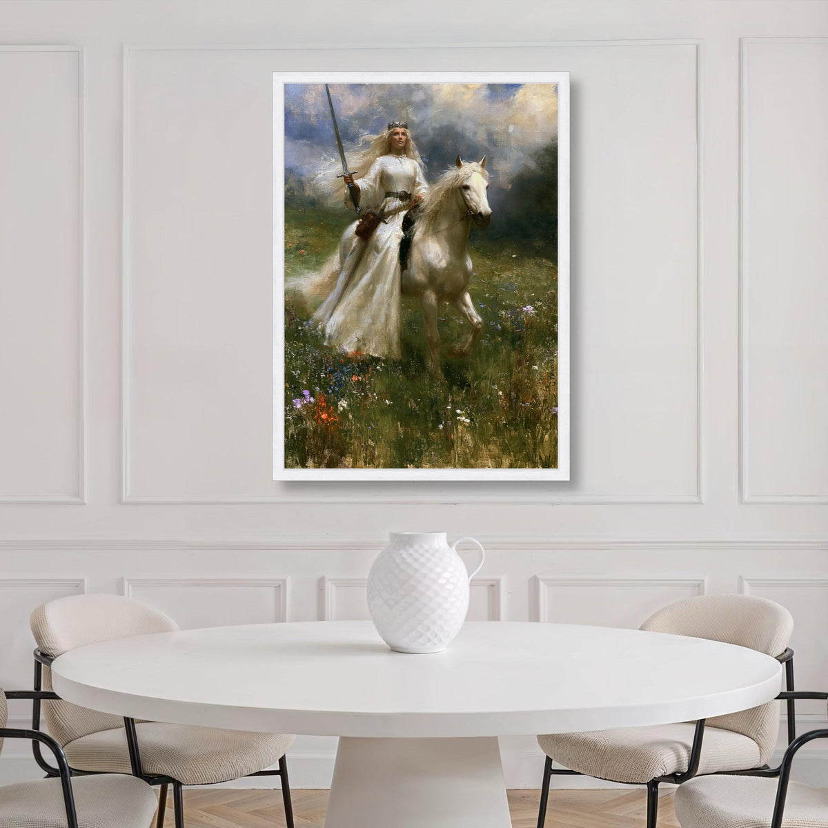 Majestic Warrior Queen Canvas, Woman on White Horse, Fantasy Landscape Wall Art, Medieval Sword Art, Royalty Home Decoration Print Art