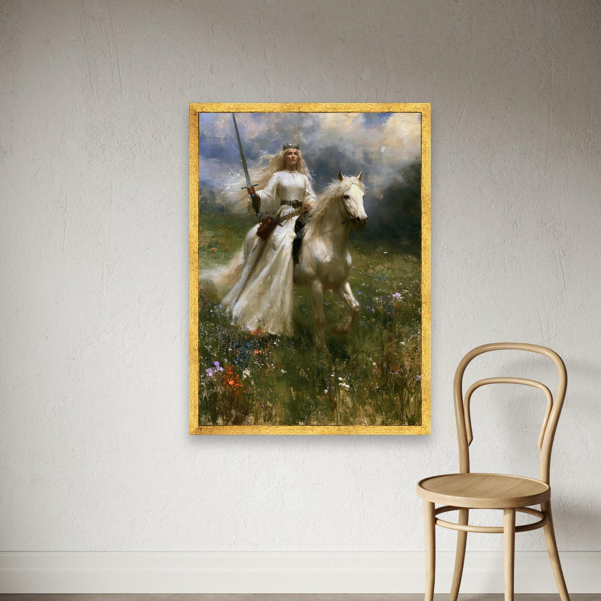 Majestic Warrior Queen Canvas, Woman on White Horse, Fantasy Landscape Wall Art, Medieval Sword Art, Royalty Home Decoration Print Art