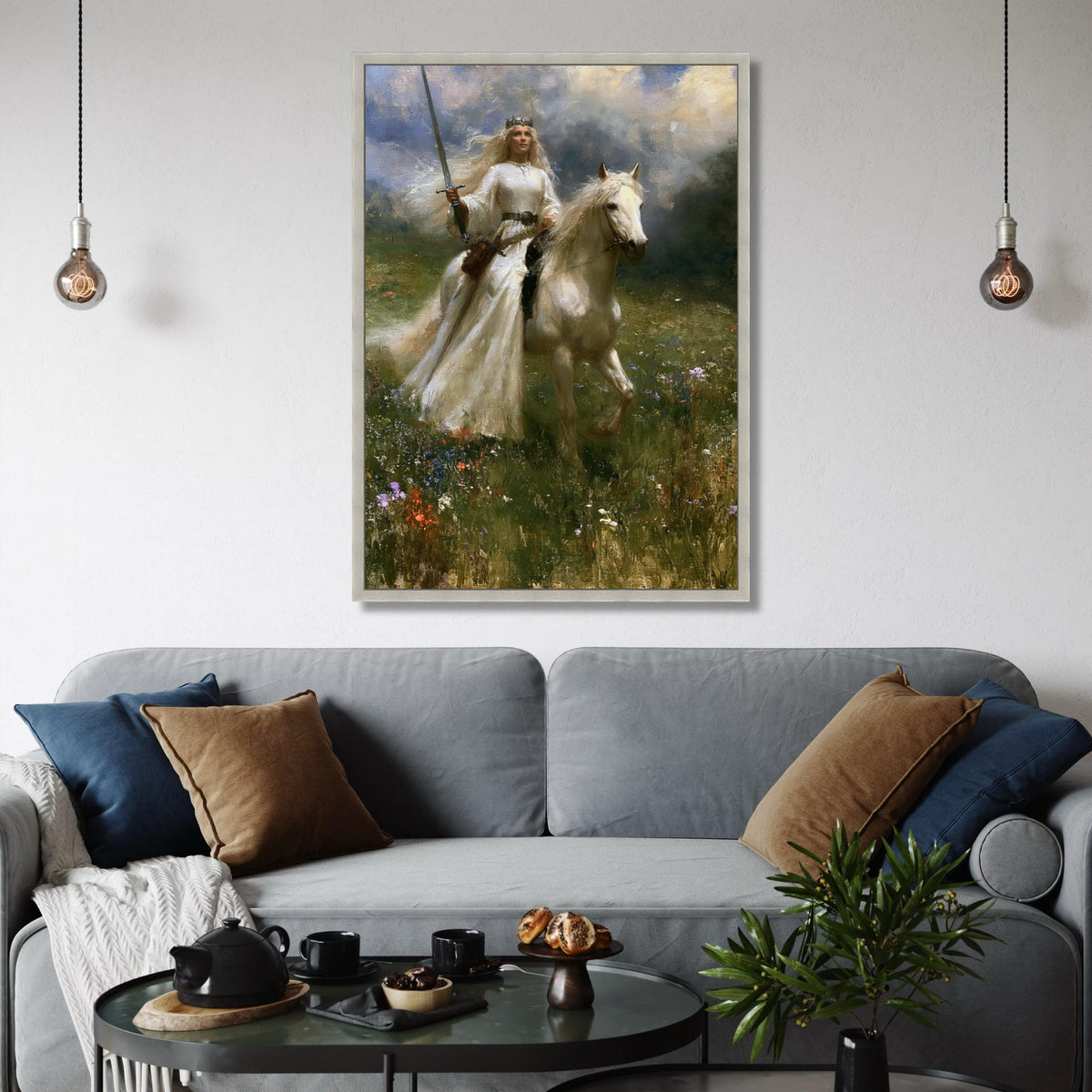 Majestic Warrior Queen Canvas, Woman on White Horse, Fantasy Landscape Wall Art, Medieval Sword Art, Royalty Home Decoration Print Art