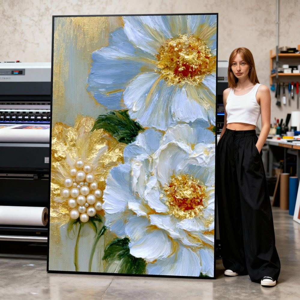 Elegant White Peonies Canvas, Pearl Floral Wall Art, Gold Accents Canvas, Classic Flower Painting, Home Decor Canvas Art Print Art