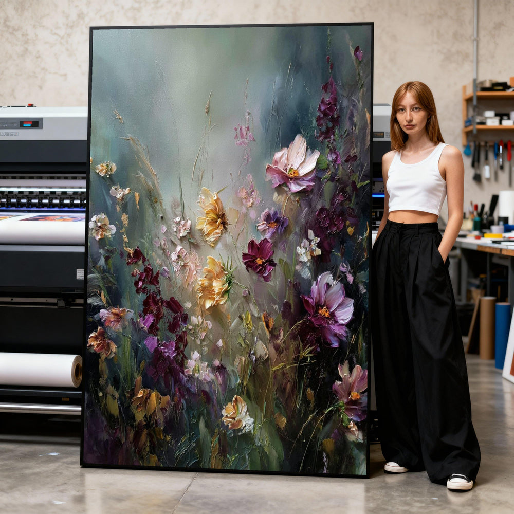 Canvas Art Print Vibrant Wildflower Garden with Soft Pastel and Deep Purple Blooms Print Art