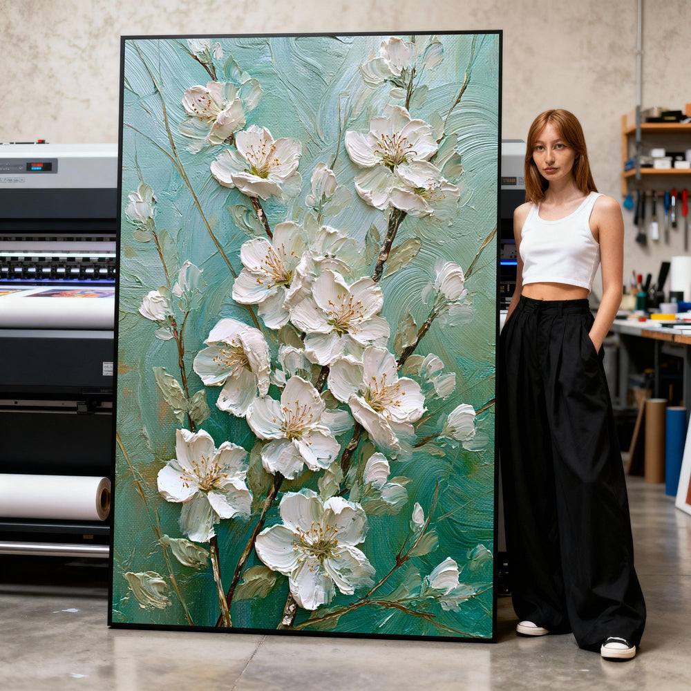 Canvas Art Print White Cherry Blossom Branches with Soft Teal Background Print Art