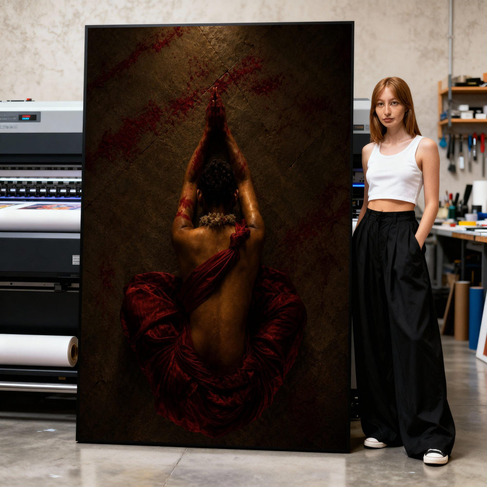 Canvas Art Print Meditative Figure Red Draped Cloth with Raised Hands on Dark Floor Print Art
