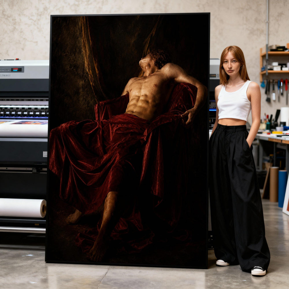 Canvas Art Print Dramatic Male Figure Reclining with Deep Red Drapery and Dark Baroque Background Print Art