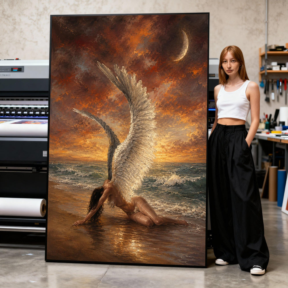 Canvas Art Print Fallen Angel with White Wings on Shoreline under Fiery Sunset Sky Print Art