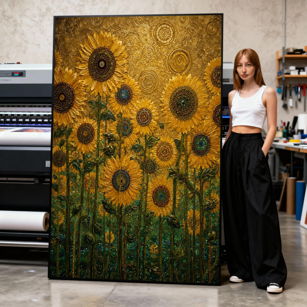 Canvas Art Print Vibrant Sunflower Field with Mosaic Circles and Golden Background Print Art