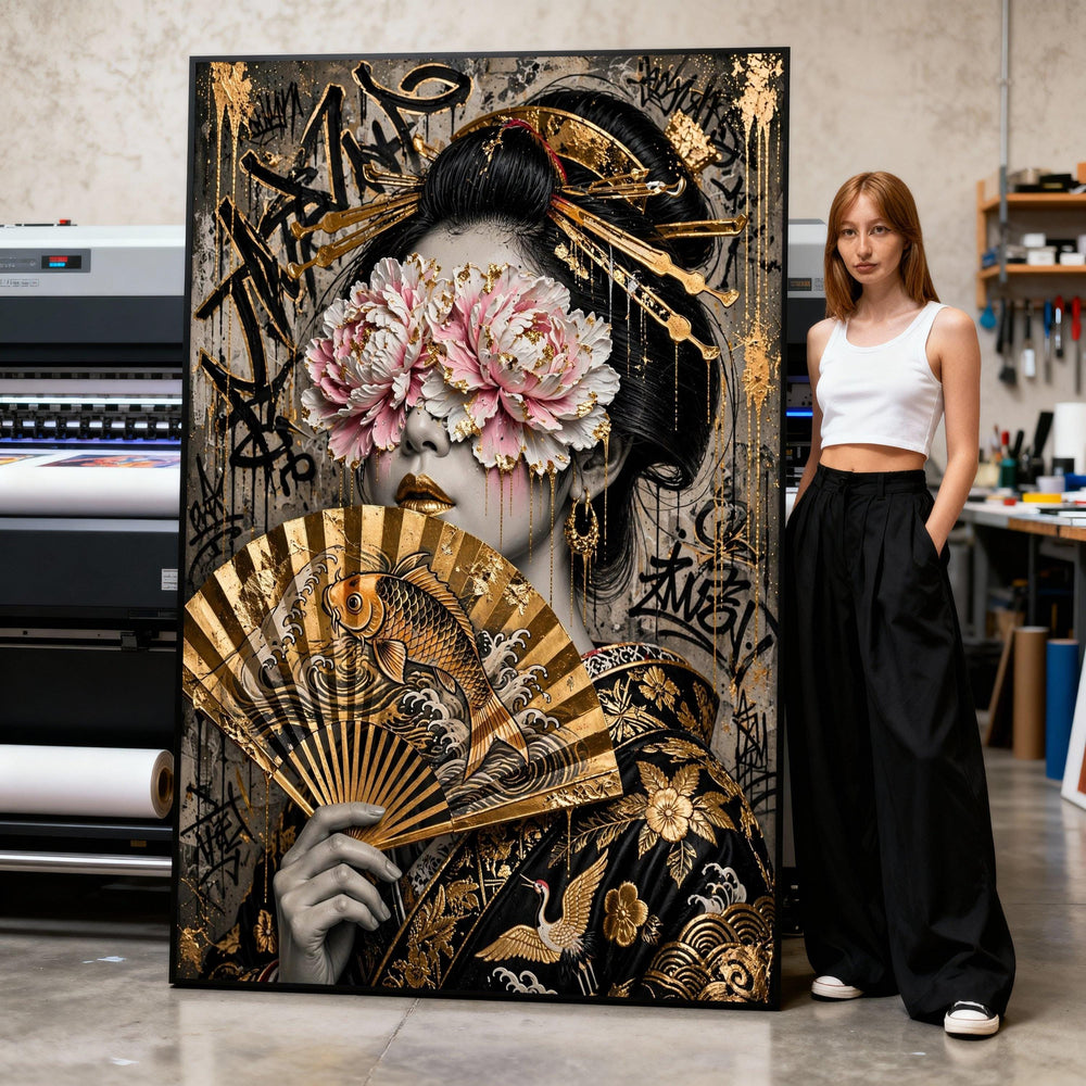Canvas Art Print Elegant Geisha with Gold Koi Fan and Peony Floral Mask Print Art