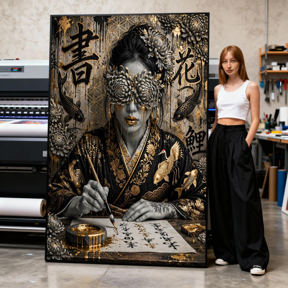 Canvas Art Print Asian Woman Calligrapher with Floral Mask and Golden Koi Motif Print Art