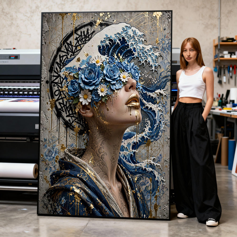 Canvas Art Print Surreal Woman Portrait with Blue Roses, Ocean Wave Motif, and Gold Accents Print Art