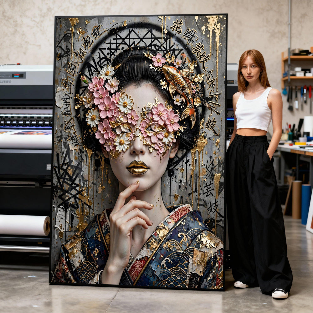 Canvas Art Print Modern Geisha Portrait with Floral Mask and Gold Accents Print Art