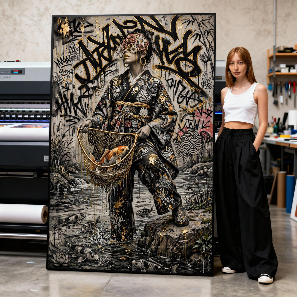 Canvas Art Print Geisha Floral Kimono with Gold Fish and Urban Graffiti Background Print Art