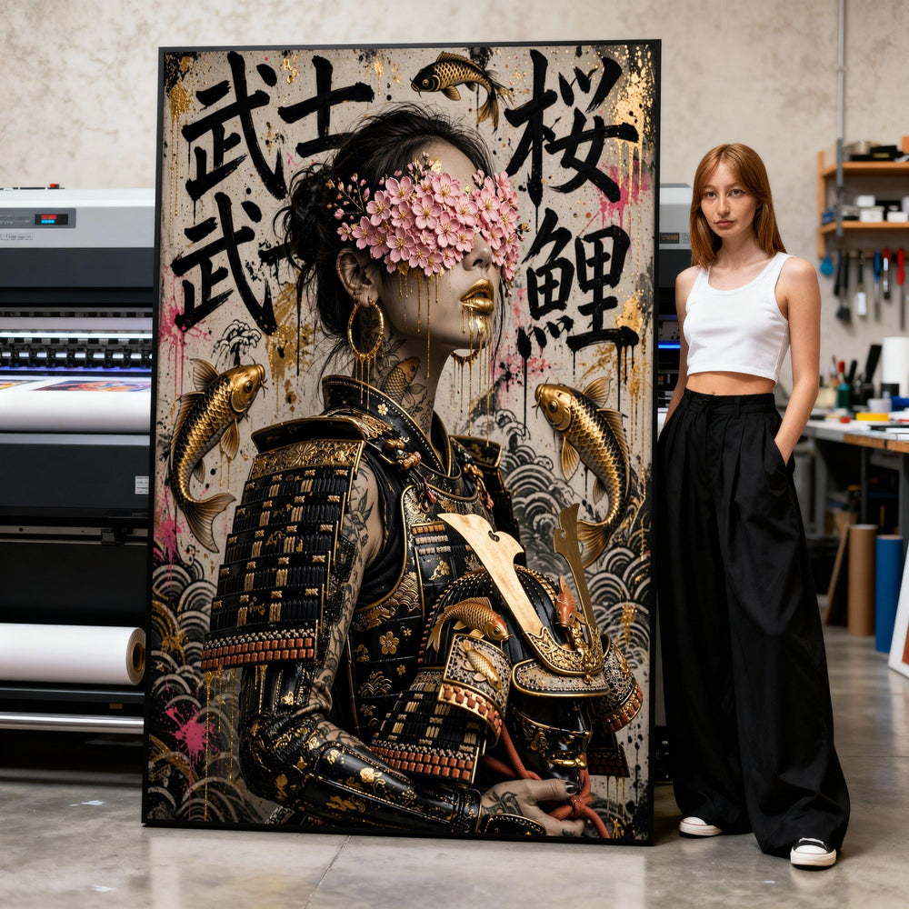 Canvas Art Print Samurai Woman with Cherry Blossom Mask and Gold Koi Fish Armor Print Art
