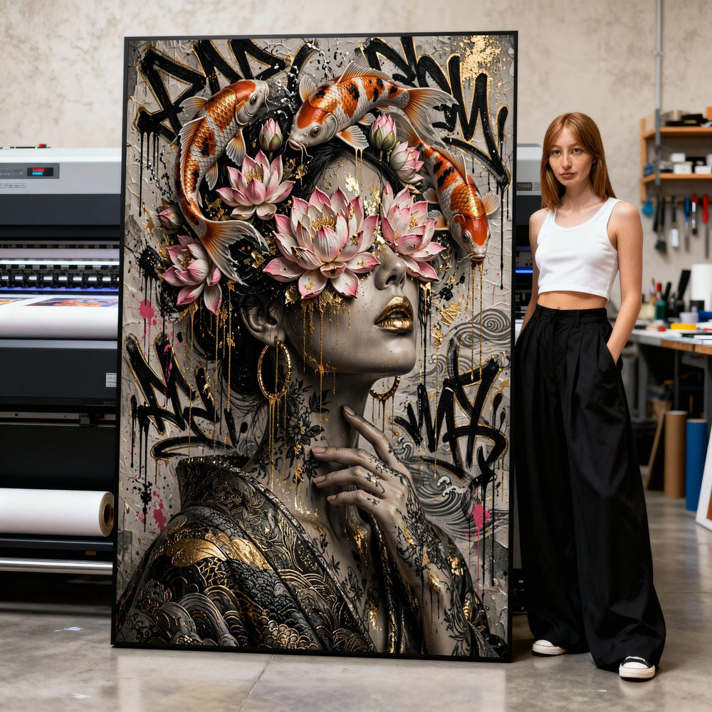 Canvas Art Print Surreal Portrait with Gold Koi Fish and Pink Lotus Flowers on Graffiti Background Print Art