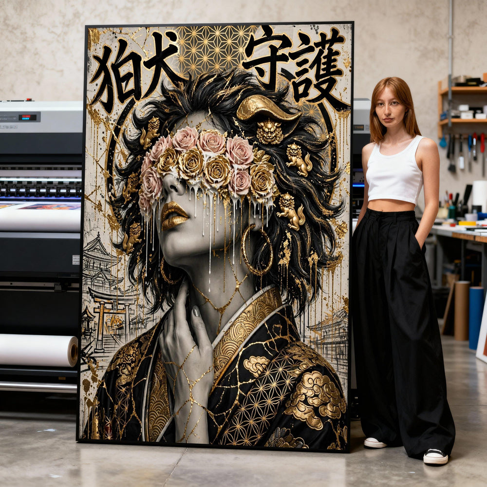 Canvas Art Print Contemporary Asian Woman with Gold Accents and Rose Blindfold Print Art