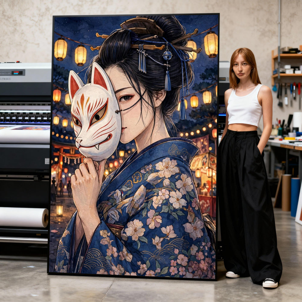 Canvas Art Print Elegant Woman Floral Kimono Holding Fox Mask with Lantern Festival Nightscape Print Art