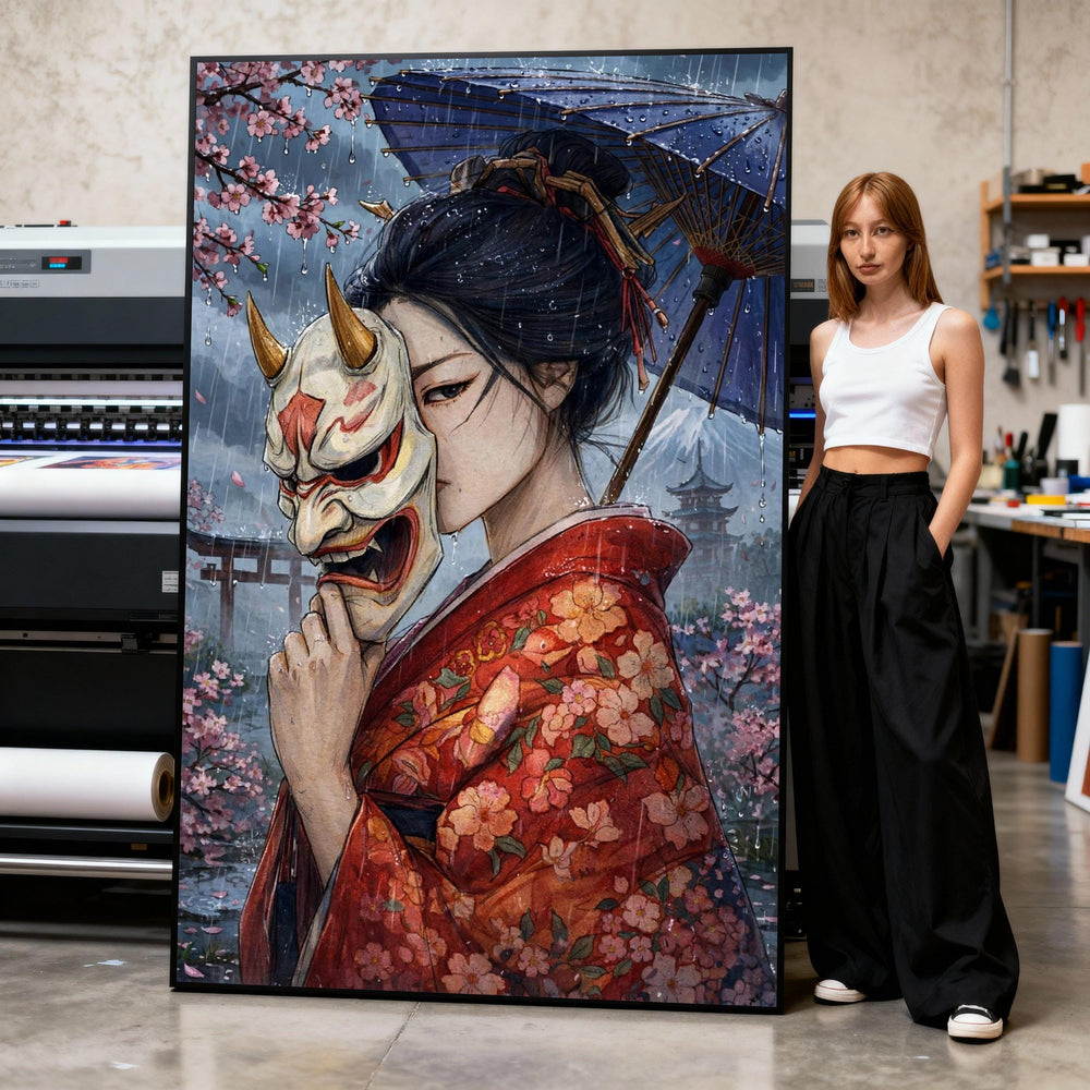 Canvas Art Print Woman Floral Kimono Holding Hannya Mask Under Blue Umbrella Rain Print Art