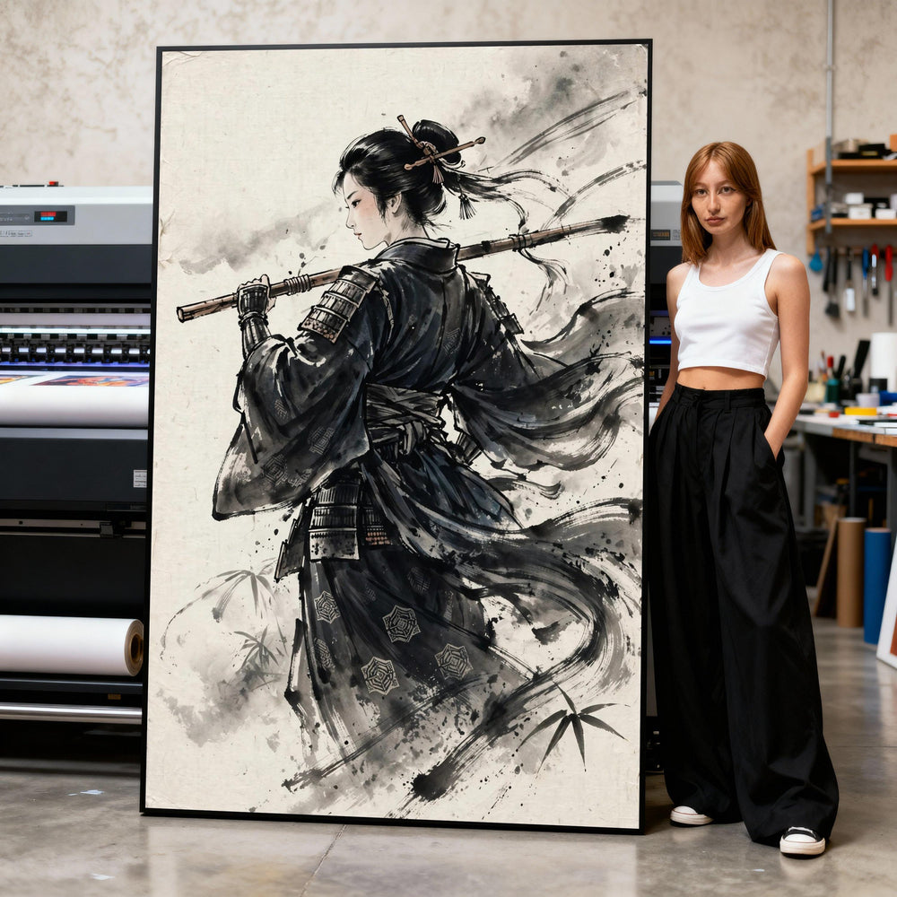 Canvas Art Print Samurai Woman Traditional Armor with Bamboo Staff and Ink Brush Effect Print Art