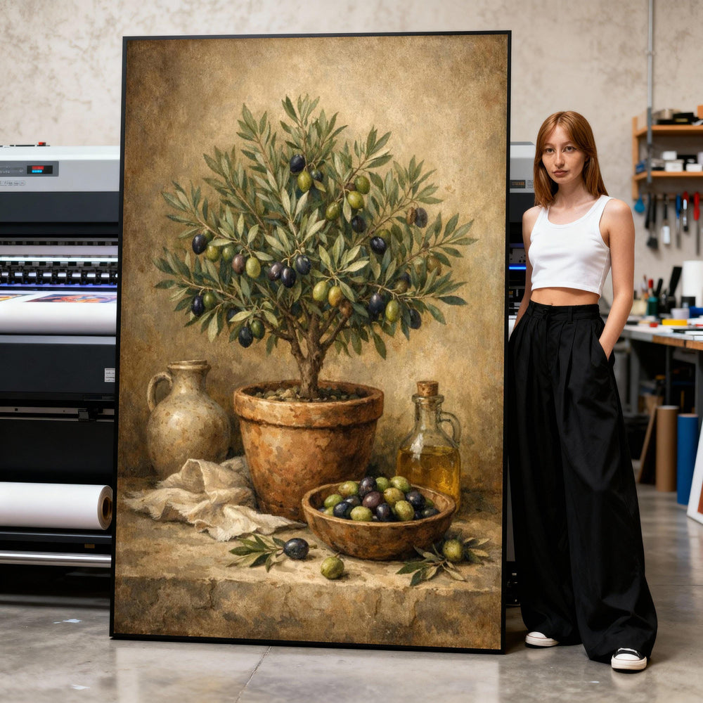 Canvas Art Print Potted Olive Tree with Bowl of Olives and Olive Bottle Still Life Print Art