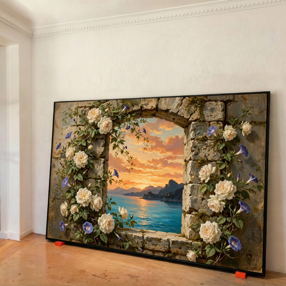 Canvas Art Print Stone Archway with White Roses and Purple Morning Glories Overlooking Seaside Sunset Print Art